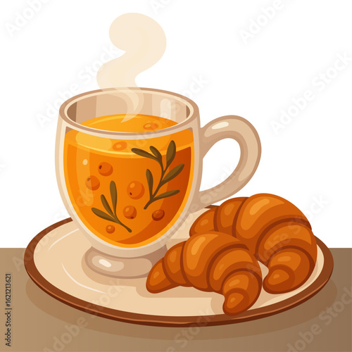 Hot sea buckthorn tea in a cup with croissants on a vintage plate, cozy autumn breakfast illustration
