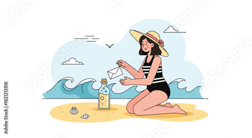 A captivating illustration of a woman sending a message in a bottle at the seaside creating a nostalgic scene of hope and communication