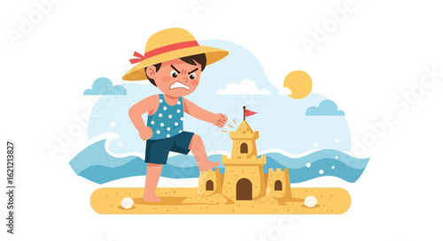 A cartoon boy in a hat angrily destroys a sandcastle on the beach during summer vacation scene concept