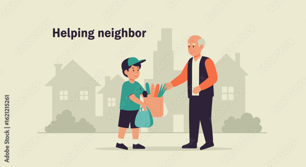 Obraz premium A heartwarming illustration of community spirit: Young boy helping his elderly neighbor with groceries during the day