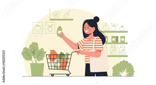 A happy young woman shops for healthy organic food in a supermarket aisle with a reusable bag and shopping cart