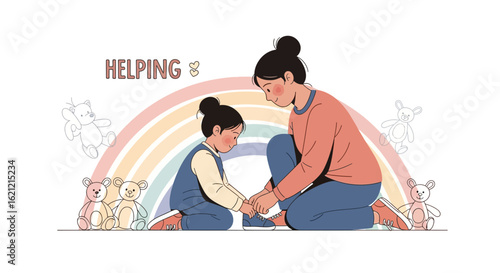 A heartwarming illustration of a mother helping her child tie shoelaces with love and care
