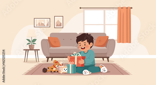 A heartwarming illustration of a young boy joyfully opening gifts in his cozy living room surrounded by toys and furniture