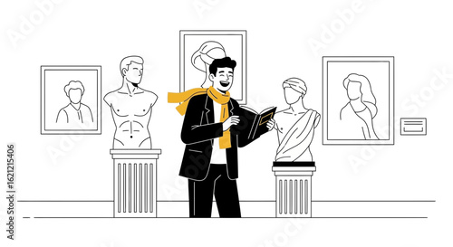 A man with a scarf reading a book in an art gallery surrounded by sculptures and paintings