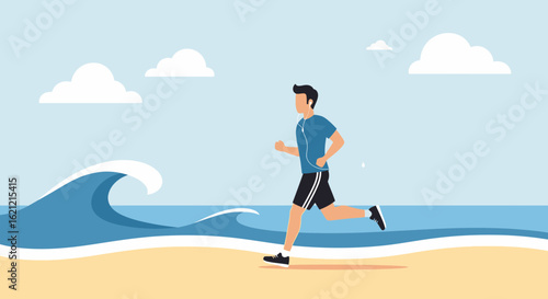 A minimalist illustration of a man jogging on a beach with waves and clouds in background