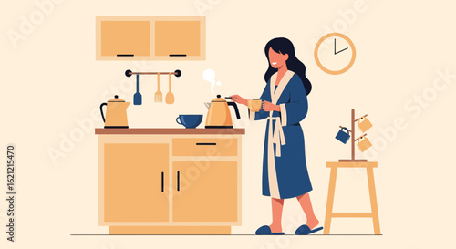 A relaxed morning routine with a woman enjoying coffee in a cozy kitchen scene