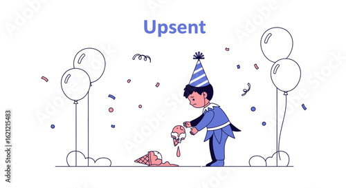 A sad clown dropped ice cream at a party depicting a moment of disappointment