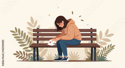 A woman sits alone on a park bench looking sadly at a love letter illustration