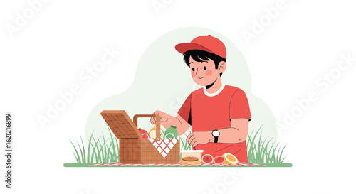 A young man prepares a picnic outdoors, showcasing a basket full of goodies in nature