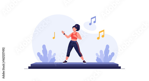Active Woman Doing Dance Aerobics In Sportswear With Musical Notes