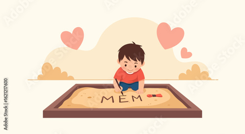 Adorable Boy Expressing Affection Writing A Name In Sandpit Playground