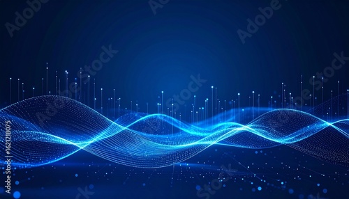 Luminous Blue Particle Waves Visualizing a Digital Data Stream.
