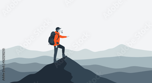 Adventurer Standing On Mountain Peak Enjoying the Freedom And Looking Ahead