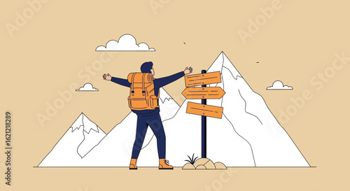 Adventurer Reaching Crossroads On A Hiking Journey With Mountain Views