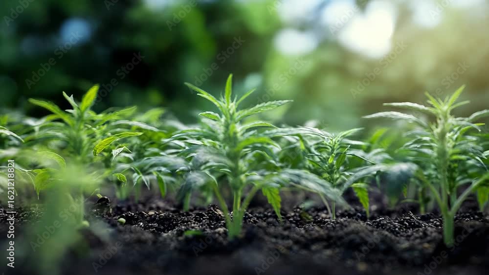 Young marijuana plants growing in soil under sunlight Young marijuana plants growing in soil under sunlight