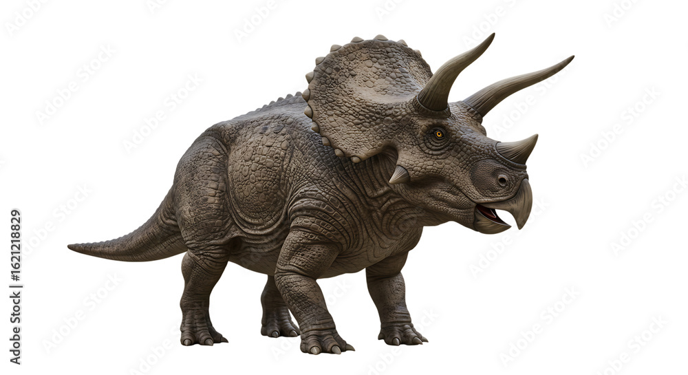 Fototapeta premium Jurassic Triceratops Dinosaur Model With Three Horns On Isolated Transparent Background