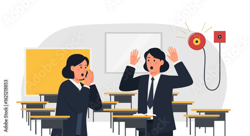 Alarm Ringing In Classroom With Scared Teacher During Emergency Evacuation