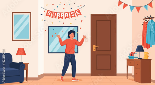 An illustration of a surprised person walking into a surprise party at home with decorations and confetti expressing shock
