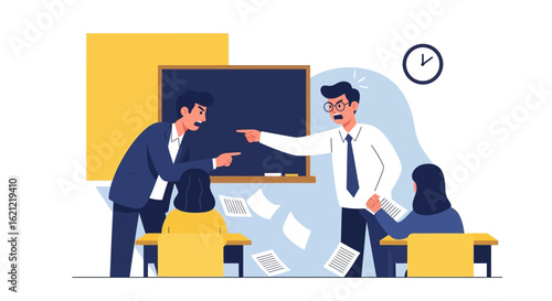 Angry teachers scolding students in a classroom, representing conflict and tension during lesson time