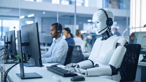 Ai Robot Wearing Headset Working at Computer in Modern Office With Diverse Team Providing Customer Support Services and Advanced Technological Assistance