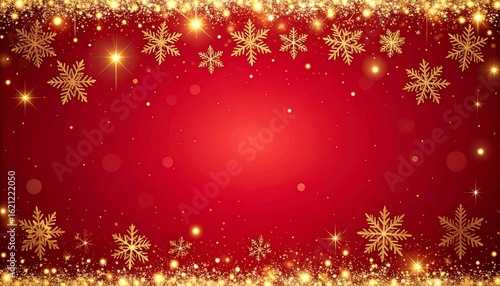 Radiant Red Holiday Background with a Glistening Gold Snowflake and Glitter Frame.