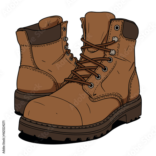 Sturdy brown leather work boots with laces and treaded soles against white background