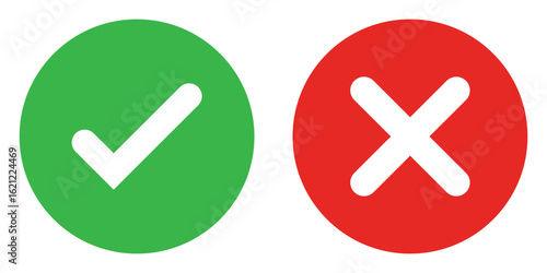 Icon set. Green checkmark, red X. Represent Dos and Don'ts, Good and Bad, Positive and Negative. Ideal for approval and rejection concepts. Green tick and red cross symbols in circle. Editable vector
