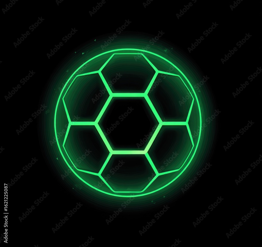 Obraz premium Glowing green neon soccer ball on black background, outlined hexagons, subtle sparkle effect