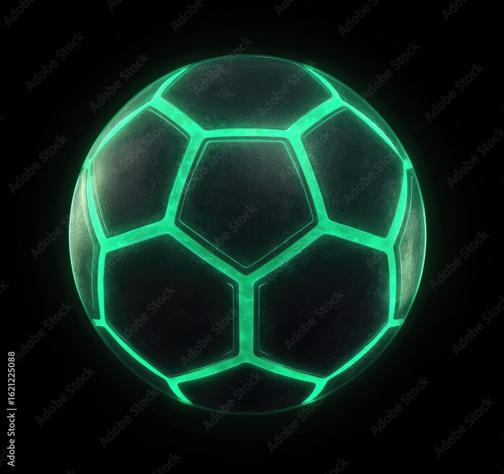 Naklejka premium Glowing green lines delineate the pentagonal and hexagonal panels of a dark, subtly textured spherical object against a pitch-black background