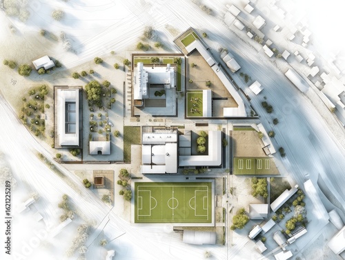 High-angle architectural rendering of a campus featuring multiple buildings, courtyards, a soccer field, and surrounding residential areas, rendered in muted tones with a soft, aerial perspective