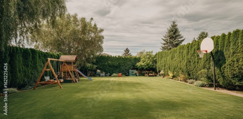 Lush green backyard with playset, basketball hoop, and tall hedges under a cloudy sky