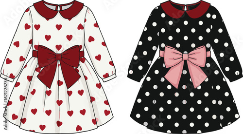 Cute girls' dresses with red hearts and polka dots, long sleeves, large bows, holiday outfit fashion, kids party wear, adorable festive clothing