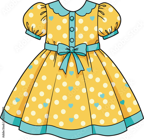 Yellow polka dot girls dress with blue heart accents, puff sleeves, bow belt, scalloped collar, cute kids outfit for parties, birthdays, festive occasions