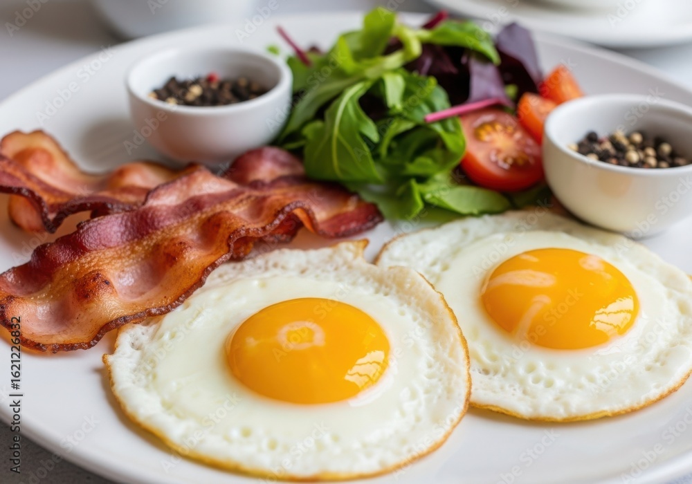 A hearty breakfast with fried eggs, crispy bacon, and fresh salad A hearty breakfast with fried eggs, crispy bacon, and fresh salad