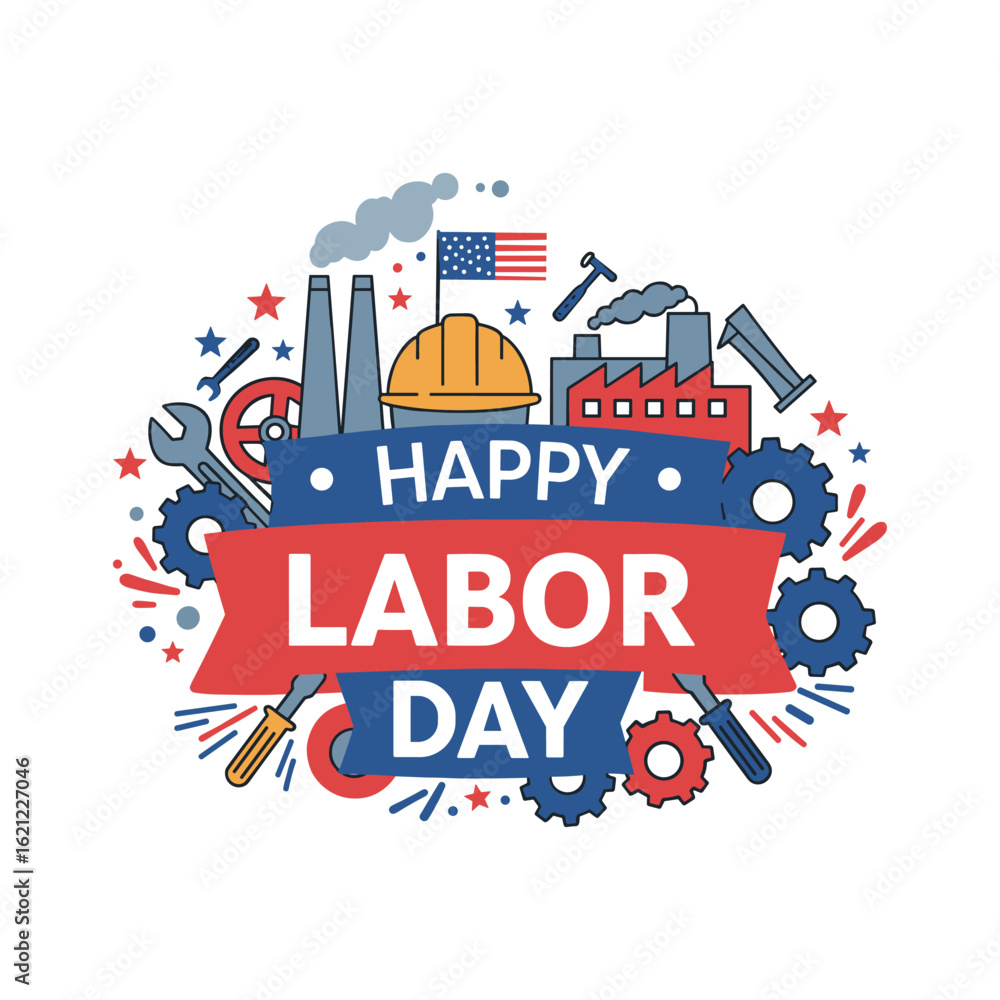 Fototapeta premium Labor day celebration with industrial and patriotic symbols