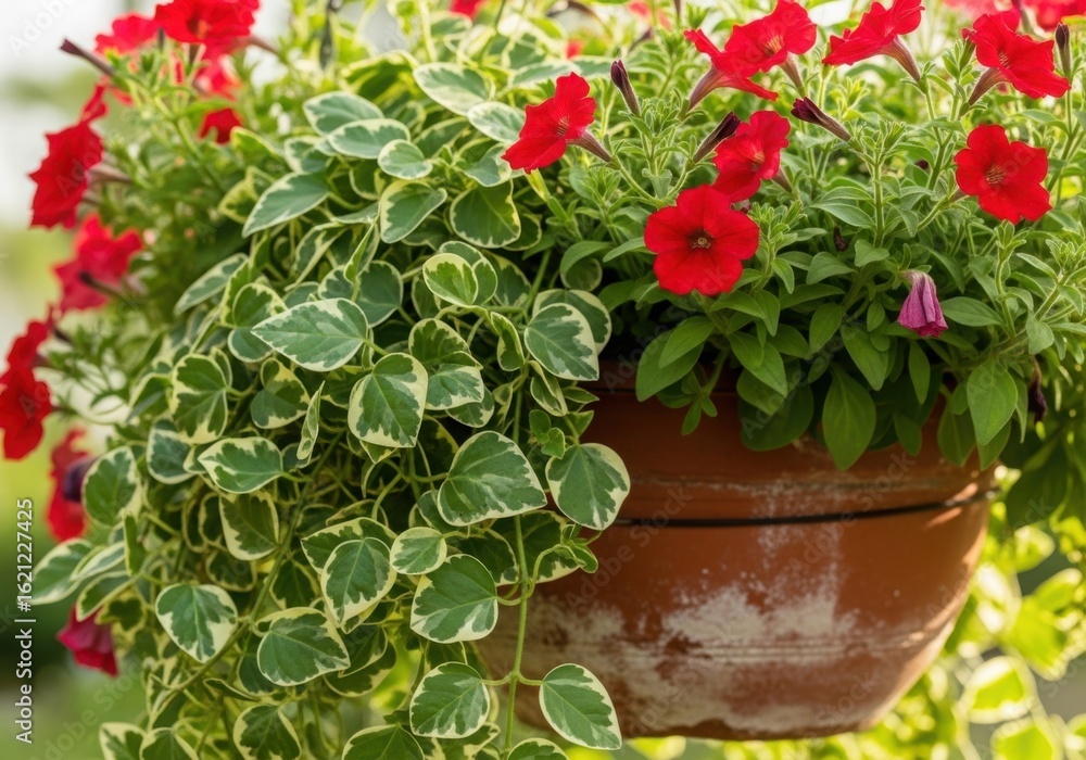 Naklejka premium A vibrant hanging basket filled with red petunias and green foliage