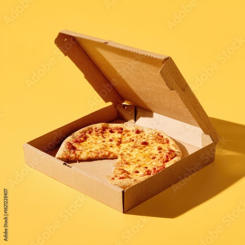 Wallpaper Mural Partially eaten cheese pizza in box, yellow background, studio shot; food delivery Torontodigital.ca