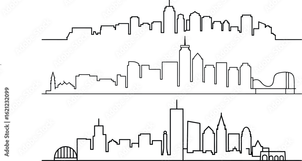 Obraz premium Three distinct hand drawn city skyline outlines in black and white