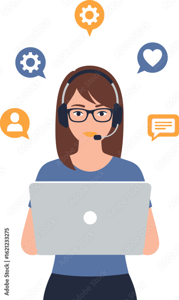 Customer service representative with headset working on laptop surrounded by service related icons illustration vector graphic online support Customer service representative with headset working on laptop surrounded by service related icons illustration vector graphic online support