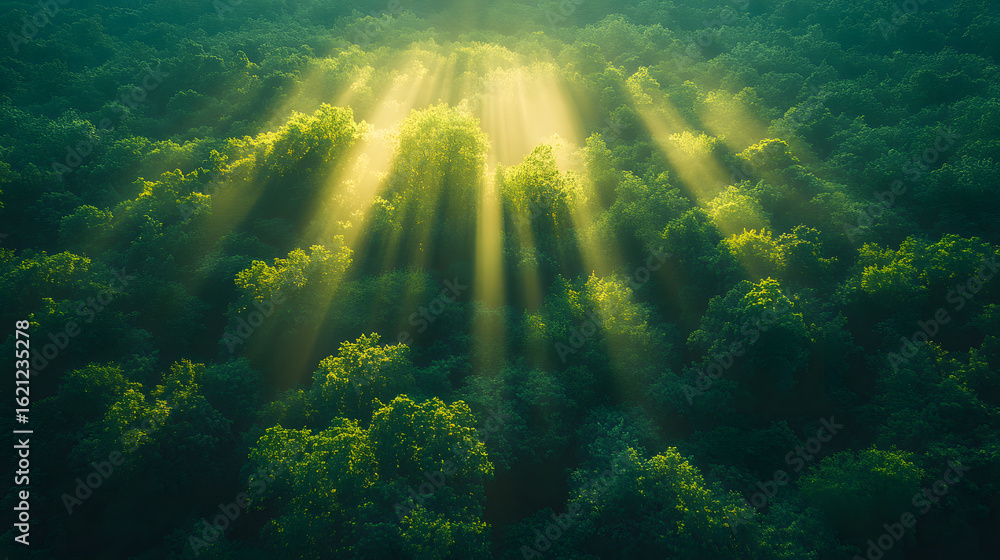 Fototapeta premium Sunlight Rays Shining Through Dense Forest Canopy