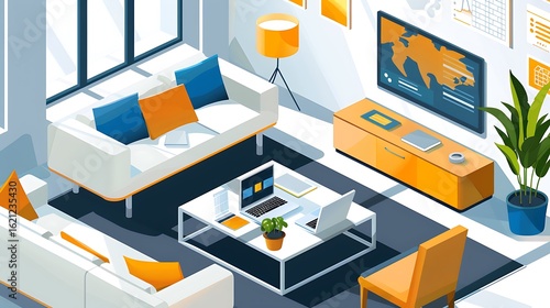 A modern office features sleek design, open layouts, and cutting-edge technology, fostering productivity and collaboration. With glass walls, ergonomic furniture, and ample natural light