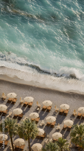 Beach with Umbrellas and Ocean Waves