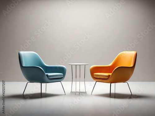 Two blue and orange chairs and a table in a white room