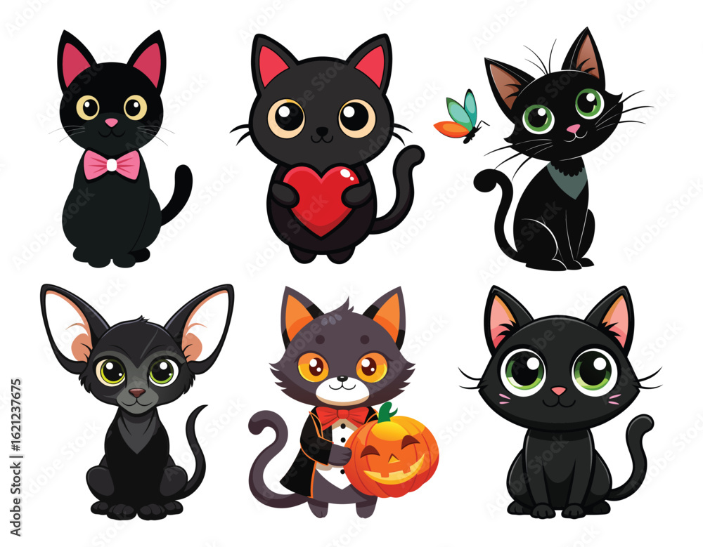 Fototapeta premium Adorable Black Cat Cartoon Vector on White Background