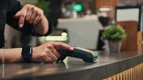 Barista holding pos terminal waiting for customer to pay using nfc technology