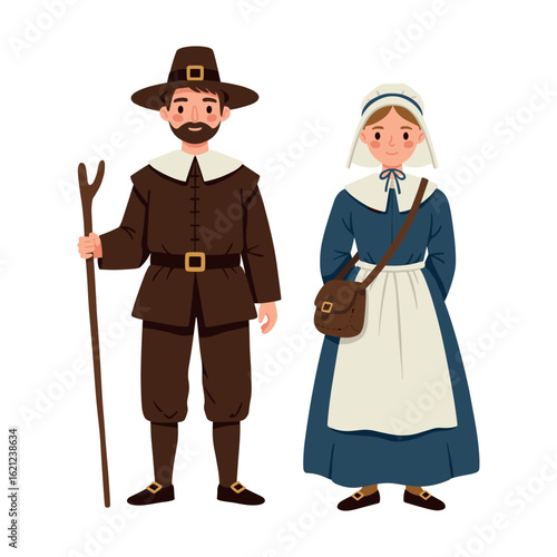 Pilgrim couple sketching history: male and female in traditional clothing with accessories