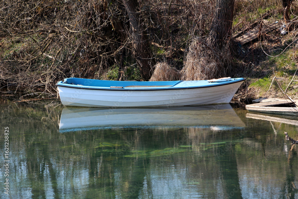 Fototapeta premium A small white rowboat with a blue interior floats quietly on clear, still water near the shore, surrounded by natural vegetation and bare trees, creating a tranquil riverside scene