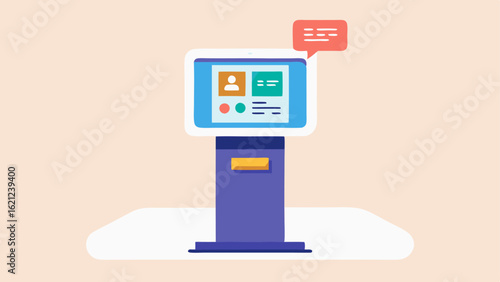 Accessibility Information Kiosk An illustration of a digital information kiosk with a touchscreen featuring a voice output option and large print text accessible for users with