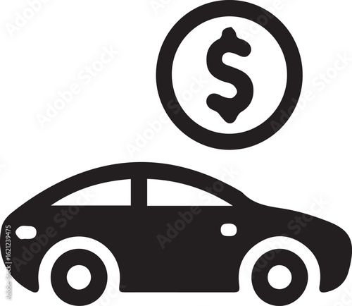 Dynamic car silhouette with prominent dollar sign coin above symbolizing automotive finance, investment, or purchasing power for modern automotive industry marketing