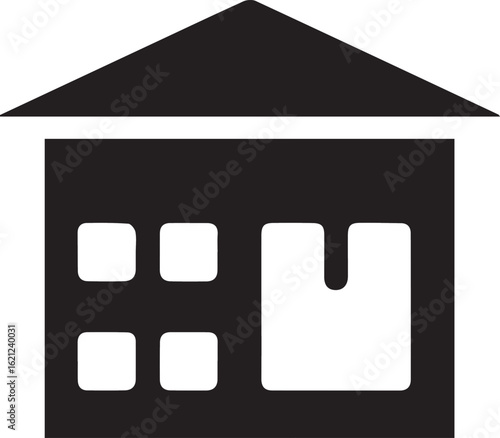 Modern warehouse building silhouette with roof and windows, symbolizing logistics, storage, and industrial operations for business and supply chain concepts